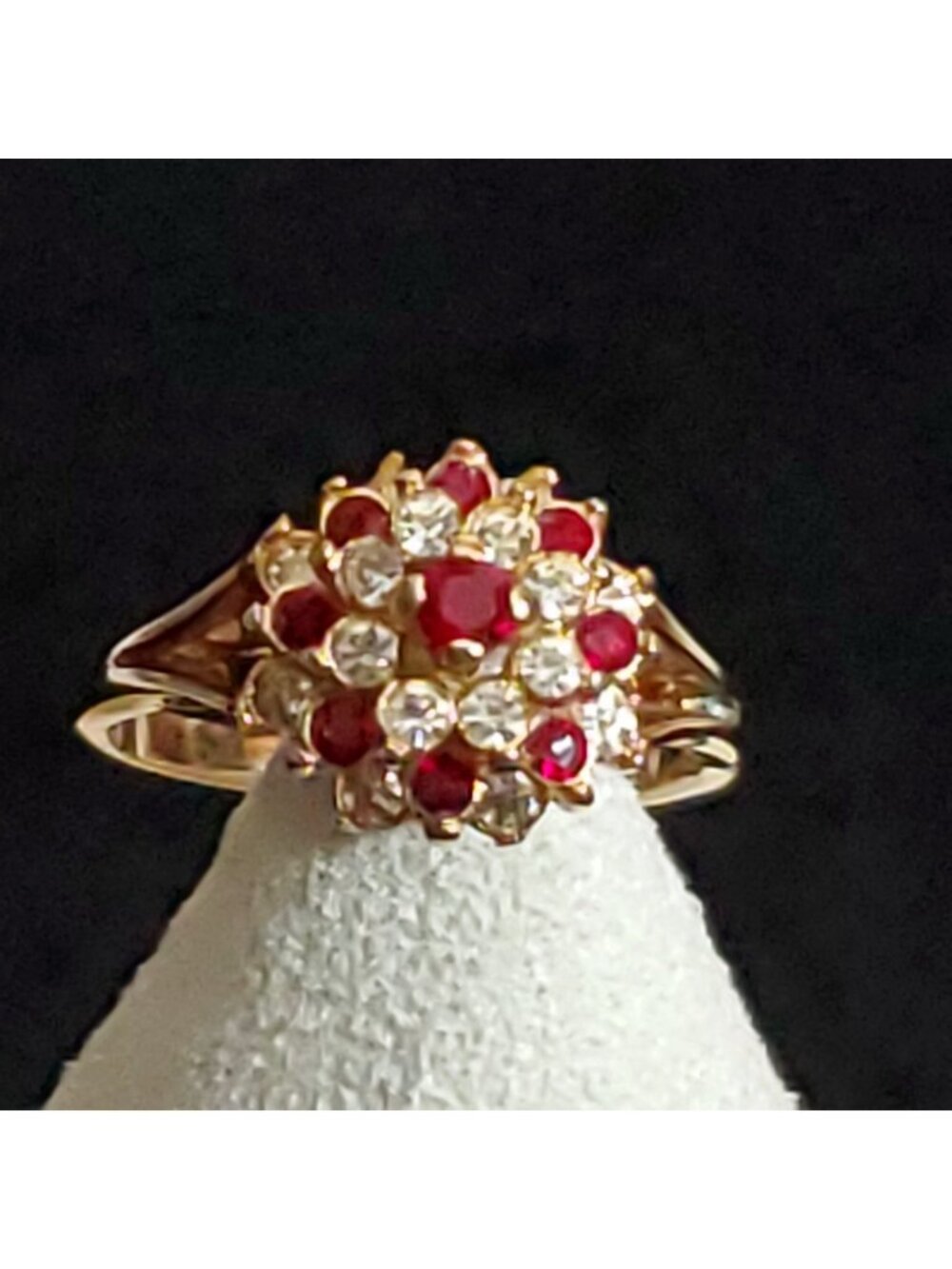 Vintage Cocktail Ring Sz 6.25 Rhinestone Gold Tone Red Espo 14k GE READ